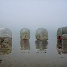 Picture of a misty beach with large plastic bags with something human-ish inside