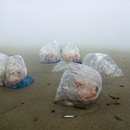 Picture of a misty beach with large plastic bags with something human-ish inside
