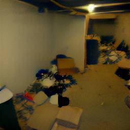 Photo of a dingy basement with boxes, laundry machines, and a television