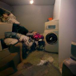 Photo of a dingy basement with boxes, laundry machines, and a television