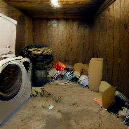 Photo of a dingy basement with boxes, laundry machines, and a television