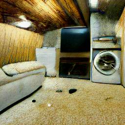 Photo of a dingy basement with boxes, laundry machines, and a television