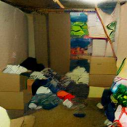 Photo of a dingy basement with boxes, laundry machines, and a television