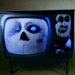 Photo of a television in a basement playing Night of the Living Dead with a zombie on the screen
