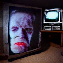 Photo of a television in a basement playing Night of the Living Dead with a zombie on the screen