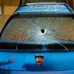 Photo of a blue car with broken windowst