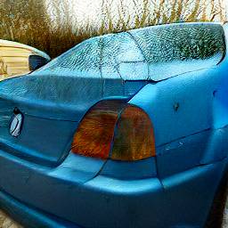 Photo of a blue car with broken windowst