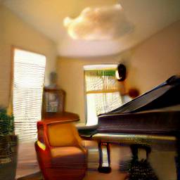 Photo of a smallish old piano in a house's living room with small fluffy clouds floating over it