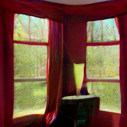 Photo of house windows from the inside lined with red curtains and with a table in front of them with a red tablecloth and a glass of milk on it
