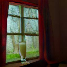 Photo of house windows from the inside lined with red curtains and with a >table in front of them with a red tablecloth and a glass of milk on it