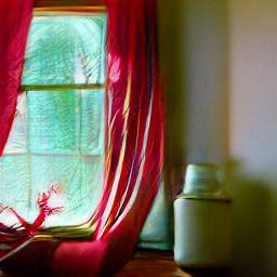 Photo of house windows from the inside lined with red curtains and with a table in front of them with a red tablecloth and a glass of milk on it